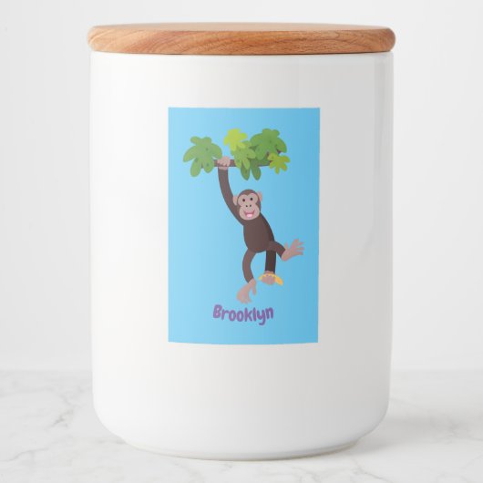 Cute chimpansee in oerwoud hangende cartoon voedselcontainer etiket (Voorkant)