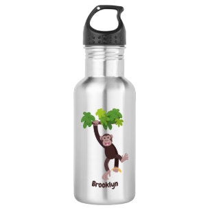 Cute chimpansee in oerwoud hangende cartoon waterfles