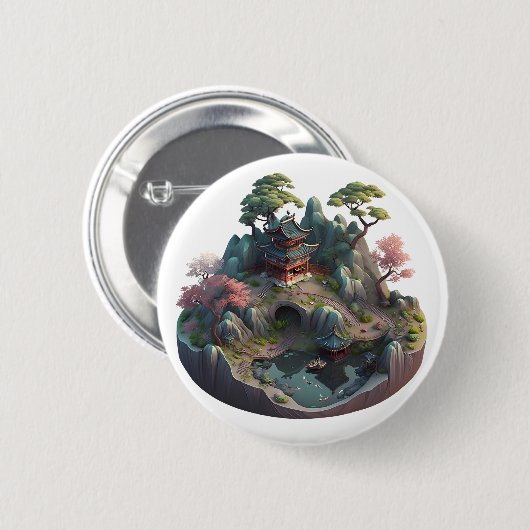 Cute Chinese Fantasy 3D Landscape Round Button (Voorkant /achterkant)
