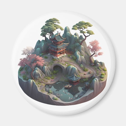 Cute Chinese Fantasy 3D Landscape Round Magnet (Voorkant)