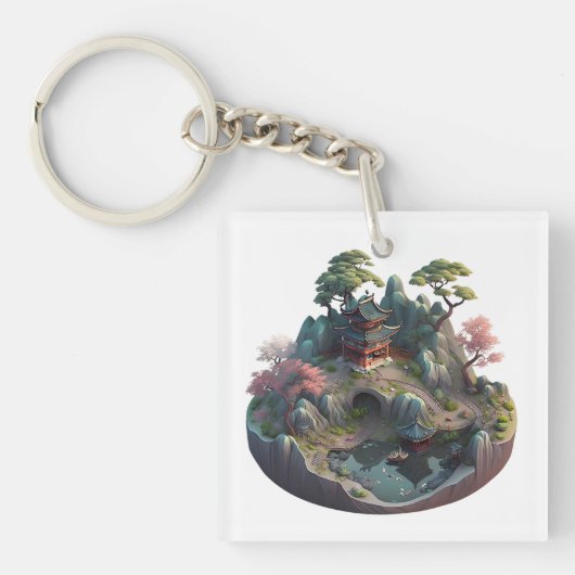 Cute Chinese Fantasy 3D Landscape Square Sleutelha Sleutelhanger (Voorkant)
