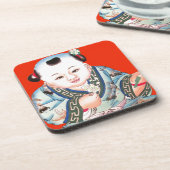 Cute Chinese Laughing Good Luck Buddha op red Bier Onderzetter (Linkerzijde)