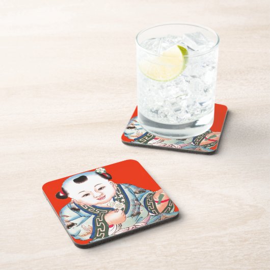 Cute Chinese Laughing Good Luck Buddha op red Bier Onderzetter (Rechterzijde)