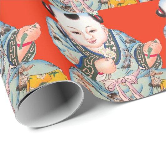 Cute Chinese Laughing Good Luck Buddha op red Cadeaupapier (Rol Hoek)