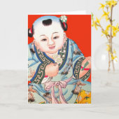 Cute Chinese Laughing Good Luck Buddha op red Kaart (Gele Bloem)