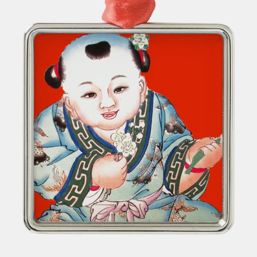 Cute Chinese Laughing Good Luck Buddha op red Metalen Ornament (Voorkant)