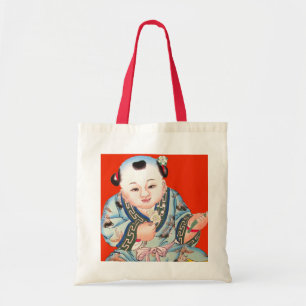 Cute Chinese Laughing Good Luck Buddha op red Tote Bag