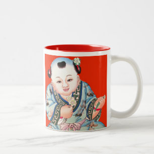 Cute Chinese Laughing Good Luck Buddha op red Tweekleurige Koffiemok
