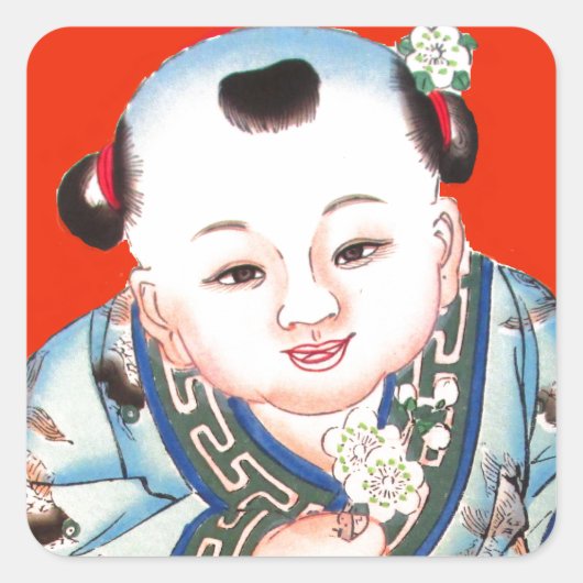 Cute Chinese Laughing Good Luck Buddha op red Vierkante Sticker (Voorkant)