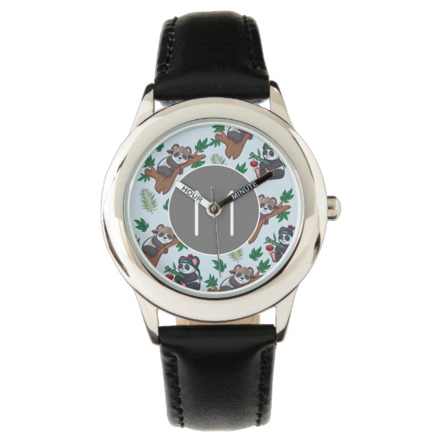 Cute Chinese Pandas Pattern Monogram Horloge (Voorkant)