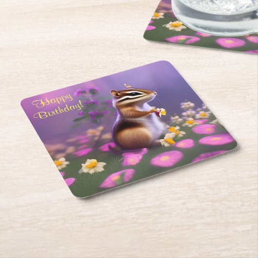 Cute Chipmunk in Flowers Kartonnen Onderzetters (Schuin)