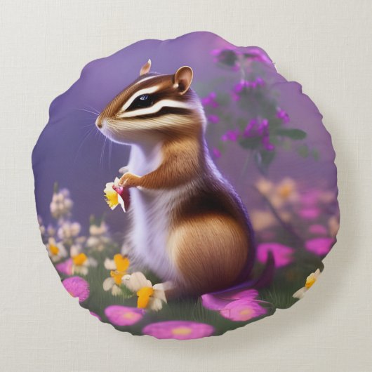 Cute Chipmunk in Flowers Rond Kussen (Achterkant)
