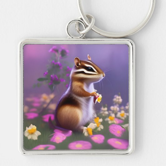 Cute Chipmunk in Flowers Sleutelhanger (Voorkant)