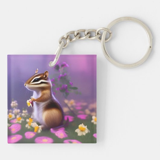 Cute Chipmunk in Flowers Sleutelhanger (Achterkant)