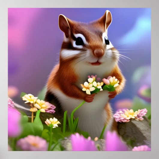 Cute Chipmunk met Flowers Poster (Voorkant)