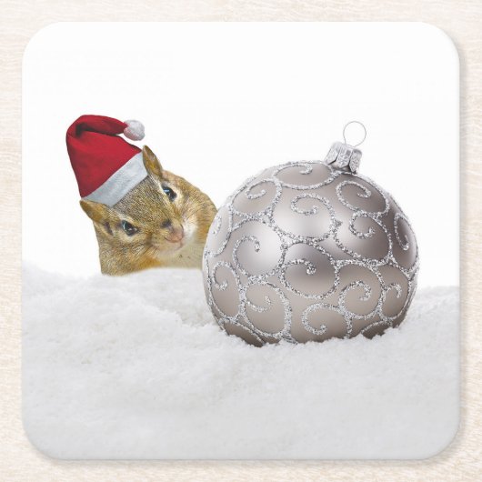 Cute Chipmunk Silver en Sneeuwkerstfeestdag Kartonnen Onderzetters (Voorkant)