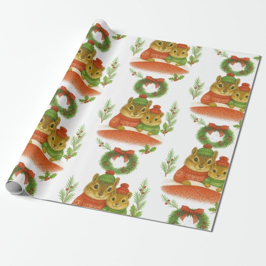 Cute Chipmunk with Pine Christmas Cadeaupapier (Uitgerold)