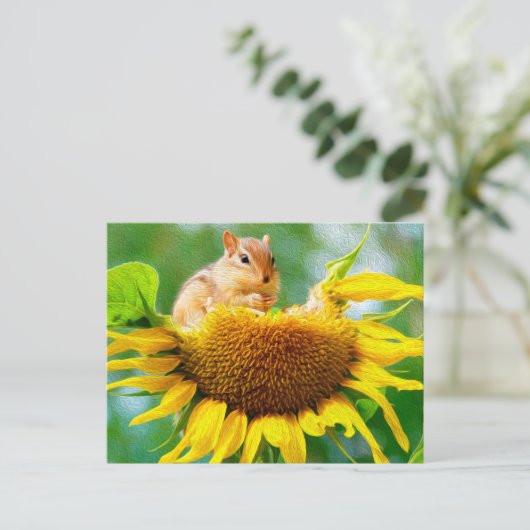 Cute Chipmunk Yellow Sunflower Photo Painting Briefkaart (Staand voorkant)