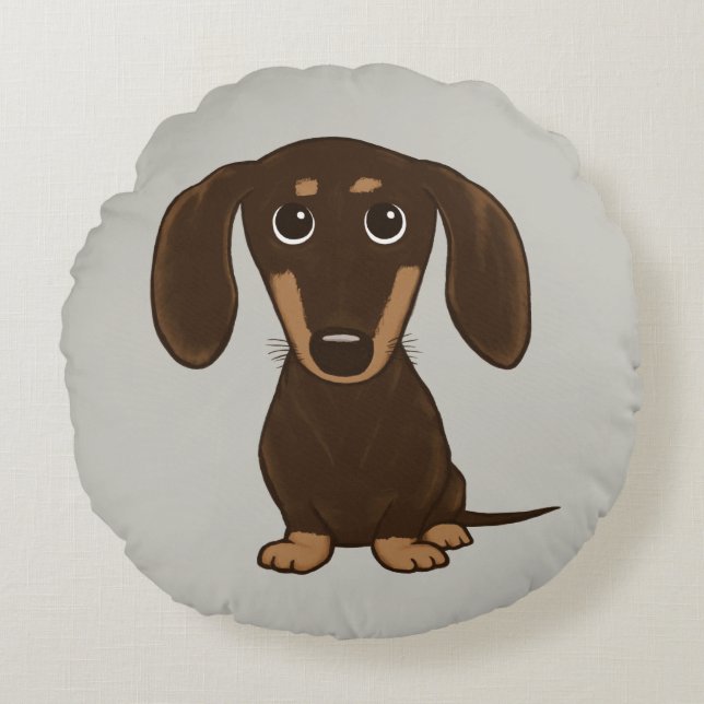 Cute Chocolate Dachshund | Cartoon Wiener Dog Rond Kussen (Voorkant)
