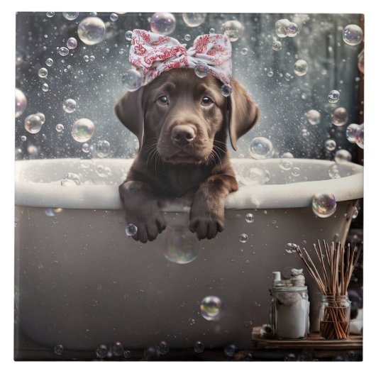 Cute Chocolate Lab Puppy Dog Spa Bubble Bath Tegeltje (Voorkant)