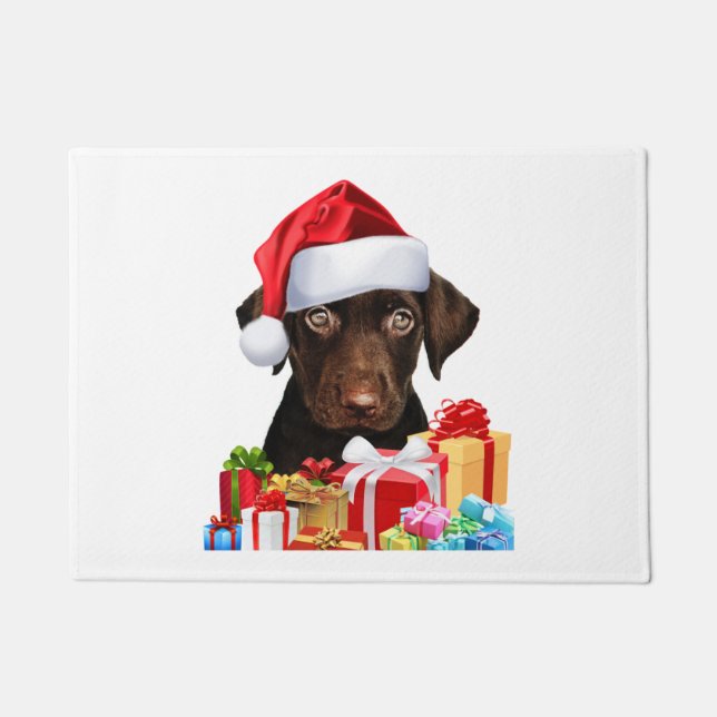 Cute Chocolate Lab Puppy Santa Hat Afbeelding Chri Deurmat (Voorkant)