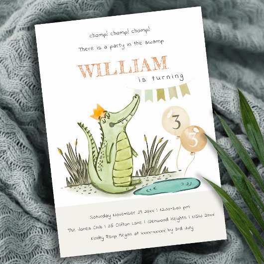 Cute Chomp Alligator Swamp Any Age Birthday Invite Bedankkaart