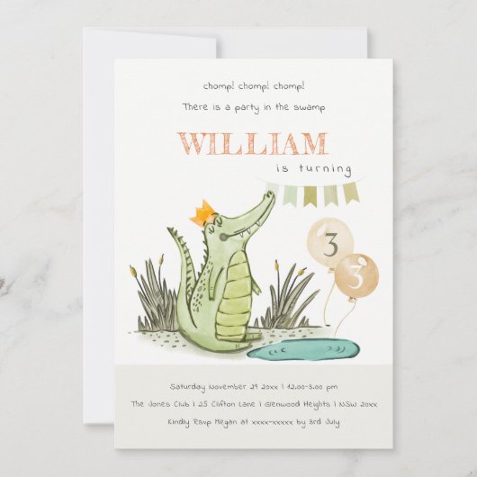 Cute Chomp Alligator Swamp Any Age Birthday Invite Bedankkaart (Voorkant)