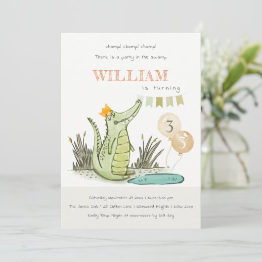 Cute Chomp Alligator Swamp Any Age Birthday Invite Bedankkaart (Staand voorkant)