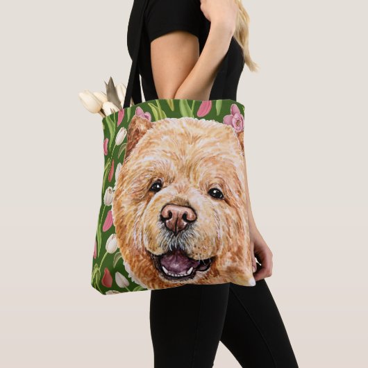 Cute Chow en Tulip Flower Pattern Tote Bag (Dichtbij)