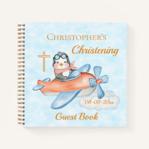 Cute Christening Baby Penguin Airplane Guest Notitieboek