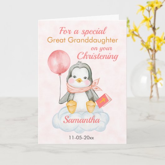Cute Christening Great Granddochter Penguin Kaart (Gele Bloem)