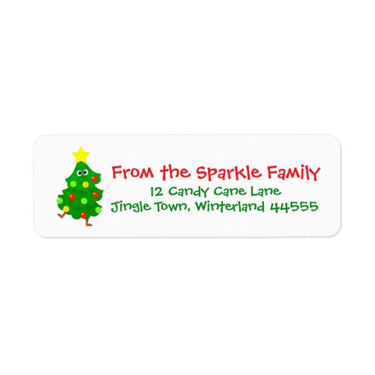 Cute Christmas Address Label with Fun Cartoon Tree (Voorkant)