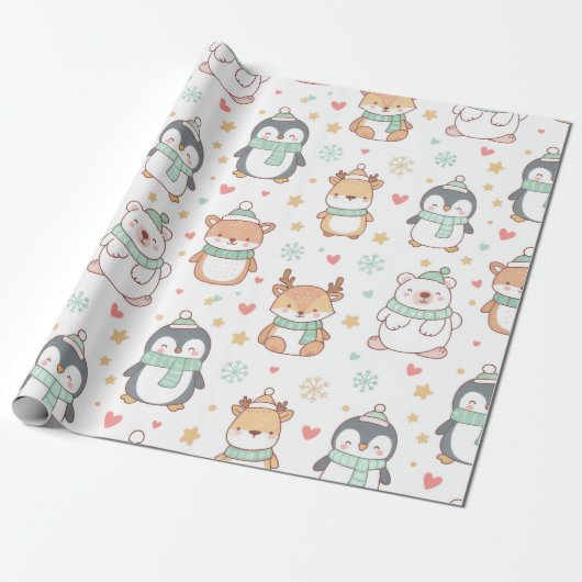 Cute Christmas Animals Wrapping Paper – Festive Ho Cadeaupapier (Uitgerold)