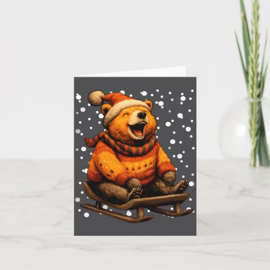 Cute Christmas Bear Sledding In Snow Funny Winter  Kaart (Voorkant)