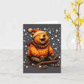 Cute Christmas Bear Sledding In Snow Funny Winter  Kaart (Gele Bloem)