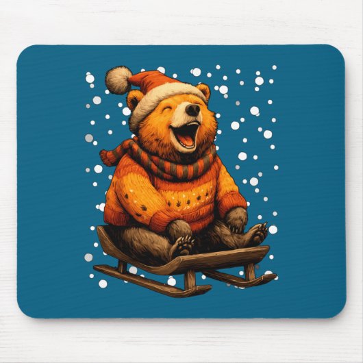 Cute Christmas Bear Sledding In Snow Funny Winter  Muismat (Voorkant)