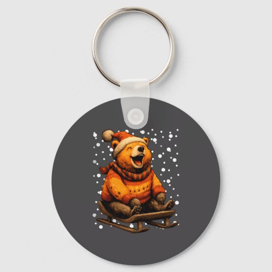 Cute Christmas Bear Sledding In Snow Funny Winter Sleutelhanger (Voorkant)