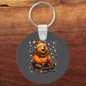 Cute Christmas Bear Sledding In Snow Funny Winter Sleutelhanger (Voorkant)