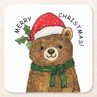 Cute christmas bear with santa hat kartonnen onderzetters