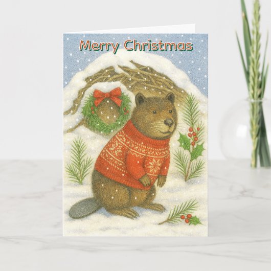 Cute Christmas Beaver Kids  Feestdagen Kaart (Voorkant)