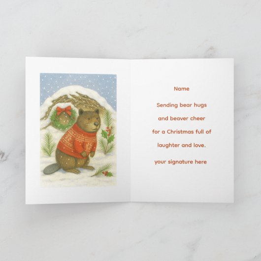 Cute Christmas Beaver Kids  Feestdagen Kaart (Binnen)