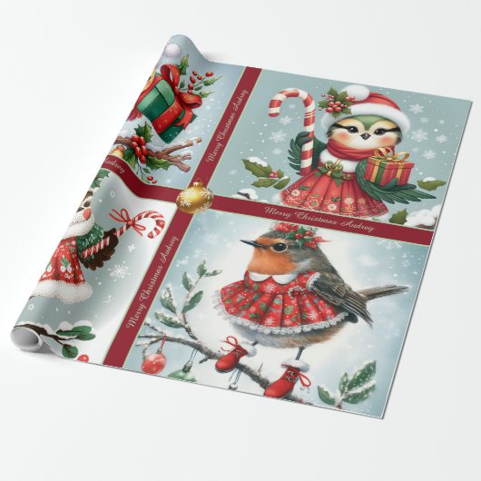Cute Christmas Birds Wrapping Paper Cadeaupapier (Uitgerold)