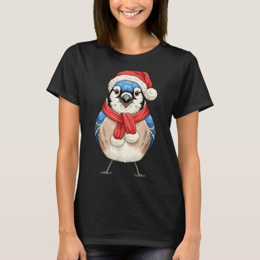 Cute Christmas Blue Jay Santa Bird Watching T-shirt (Voorkant)