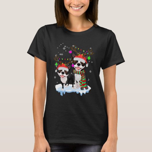 Cute Christmas Boston Terrier Santa Hats Reindeer T-shirt (Voorkant)