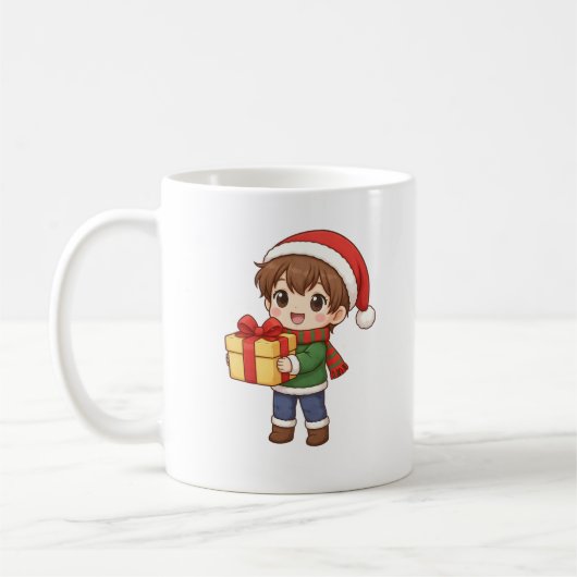 Cute Christmas Boy Holding Gift Mug Koffiemok (Links)