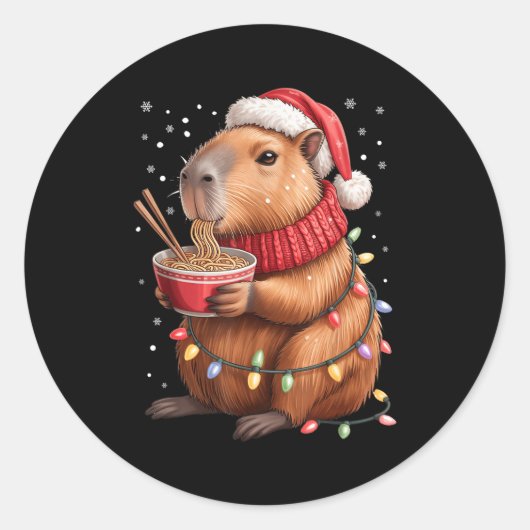 Cute Christmas Capybara With Ramen Bowl Holiday Te Ronde Sticker (Voorkant)
