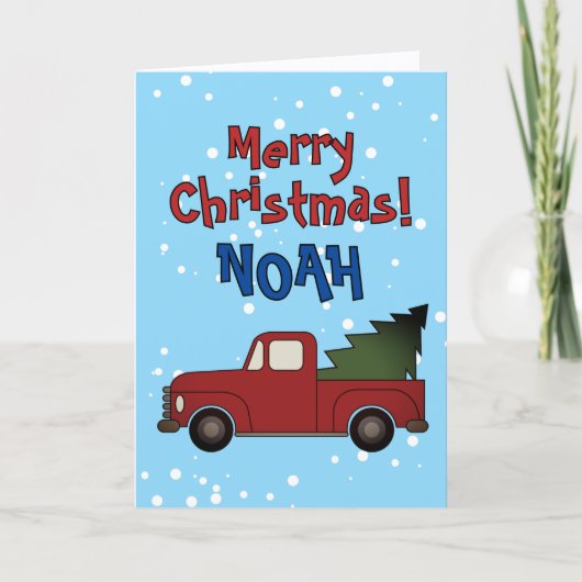 Cute Christmas card for kids. Red truck with tree Feestdagen Kaart (Voorkant)