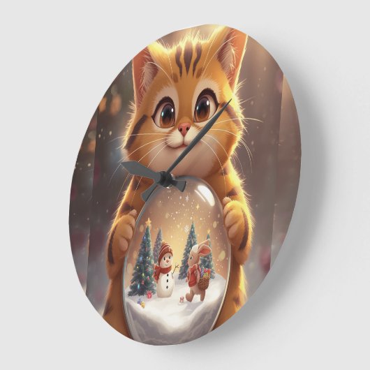 Cute Christmas Cat Holding Snow Globe Art Grote Klok (Hoek)