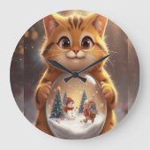 Cute Christmas Cat Holding Snow Globe Art Grote Klok (Voorkant)