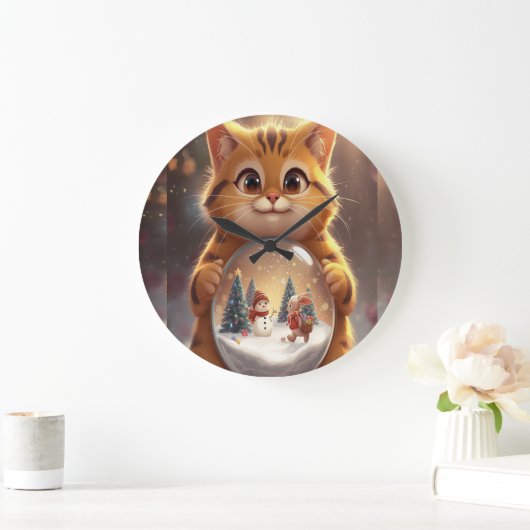 Cute Christmas Cat Holding Snow Globe Art Grote Klok (Huis)